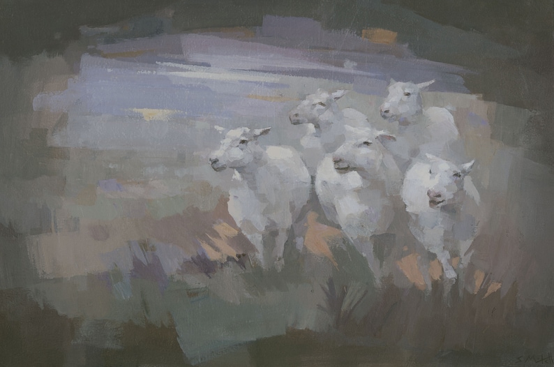 May include: A painting of a group of white sheep standing in a field. The sheep are facing different directions and some are looking at the viewer. The background is a soft, muted gray and purple.