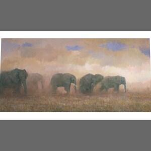 May include: A painting of five elephants walking through a dusty, golden landscape. The elephants are silhouetted against a hazy, blue sky. The painting has a soft, impressionistic style.
