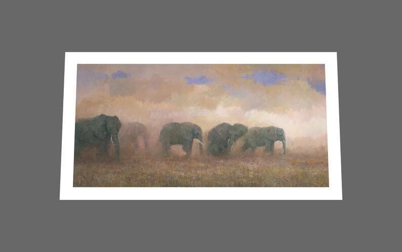 May include: A painting of five elephants walking through a dusty, golden landscape. The elephants are silhouetted against a hazy, blue sky. The painting has a soft, impressionistic style.