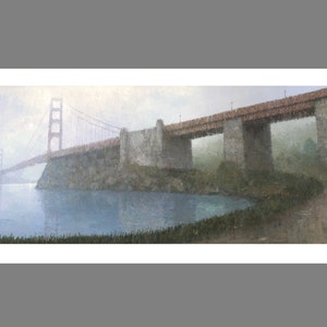 May include: A painting of the Golden Gate Bridge in San Francisco, California. The bridge is painted in a muted red color and is surrounded by fog. The water below the bridge is a light blue color.