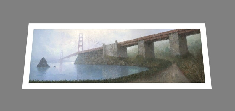 May include: A painting of the Golden Gate Bridge in San Francisco, California. The bridge is painted in a muted red color and is surrounded by fog. The water below the bridge is a light blue color.