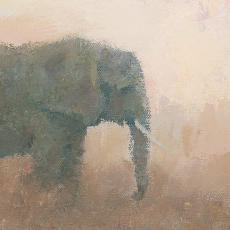 May include: A painting of an elephant in a hazy, muted color palette. The elephant is facing right, with its trunk slightly raised. The background is a soft, light brown.