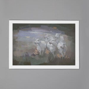May include: A painting of a group of white sheep running through a field. The sheep are painted in a realistic style, with soft fur and expressive faces. The background is a soft, muted green and purple, suggesting a field at dusk.