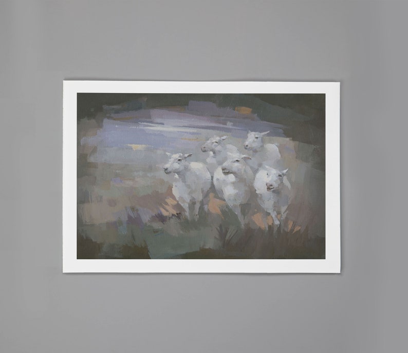 May include: A painting of a group of white sheep running through a field. The sheep are painted in a realistic style, with soft fur and expressive faces. The background is a soft, muted green and purple, suggesting a field at dusk.
