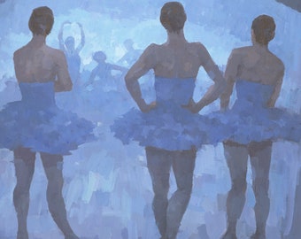 Blue Ballerinas Ballet Painting, Signed Giclee Art Print