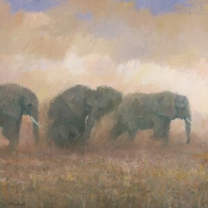May include: A painting of three elephants walking through a field of tall grass. The elephants are gray and the grass is a muted green. The sky is a soft blue with white clouds. The painting is done in a realistic style.