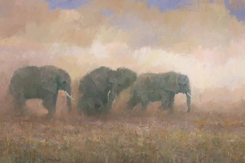 May include: A painting of three elephants walking through a field of tall grass. The elephants are gray and the grass is a muted green. The sky is a soft blue with white clouds. The painting is done in a realistic style.
