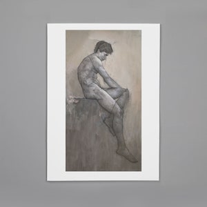 Classical Male Nude Figure Painting, Signed Fine Art Print A2 20.5x11 inches