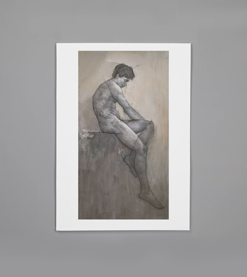 Classical Male Nude Figure Painting, Signed Fine Art Print A2 20.5x11 inches