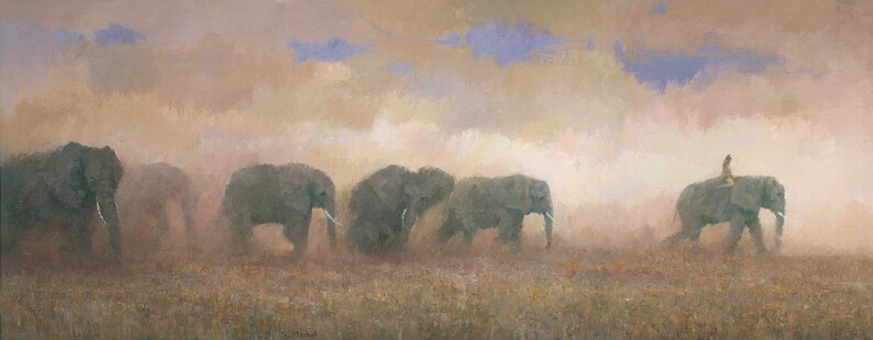 May include: A painting of a herd of elephants walking through a dusty, hazy landscape. The elephants are gray and have long trunks. The sky is a pale blue with wispy clouds.