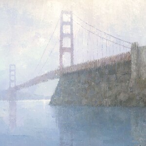 May include: A painting of the Golden Gate Bridge in San Francisco, California. The bridge is painted in a muted red color and is surrounded by a hazy, light blue sky. The water below the bridge is a light blue color.
