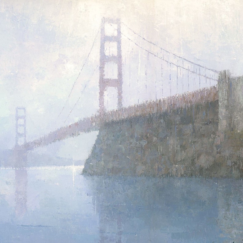 May include: A painting of the Golden Gate Bridge in San Francisco, California. The bridge is painted in a muted red color and is surrounded by a hazy, light blue sky. The water below the bridge is a light blue color.