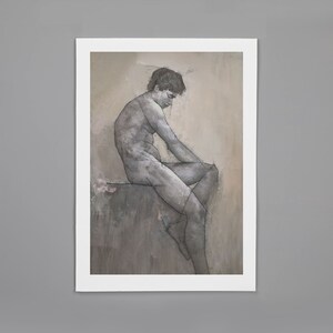 May include: A black and white drawing of a nude figure sitting on a rock. The figure is depicted in a contemplative pose, with their head bowed and their arms resting on their legs. The drawing is done in a realistic style, with subtle shading and detail.