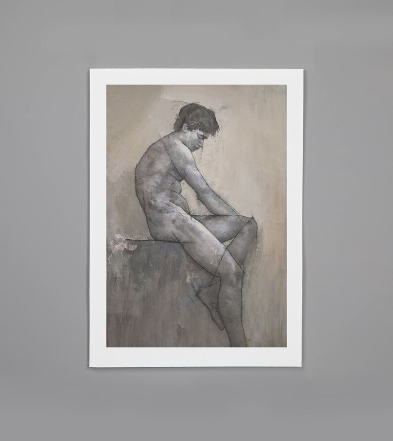 May include: A black and white drawing of a nude figure sitting on a rock. The figure is depicted in a contemplative pose, with their head bowed and their arms resting on their legs. The drawing is done in a realistic style, with subtle shading and detail.