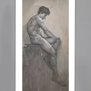 May include: A black and white drawing of a nude figure sitting on a ledge. The figure is depicted in a contemplative pose, with their head resting on their hand. The drawing is done in a realistic style, with subtle shading and detail.