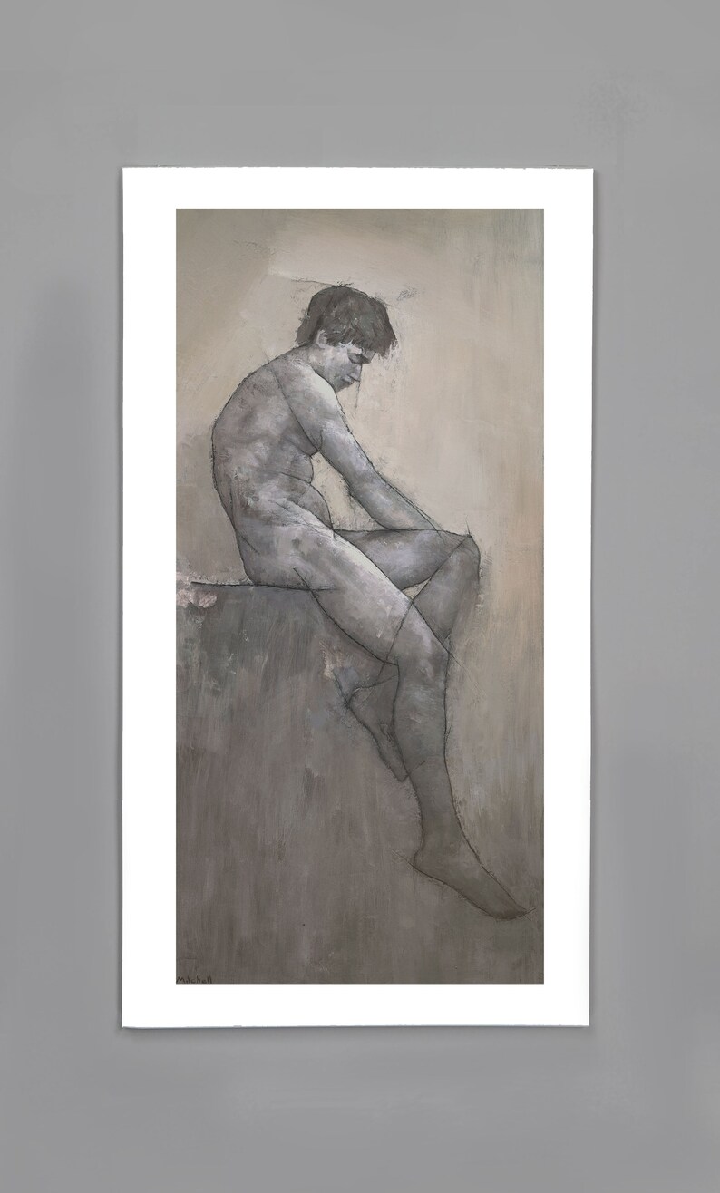 May include: A black and white drawing of a nude figure sitting on a ledge. The figure is depicted in a contemplative pose, with their head resting on their hand. The drawing is done in a realistic style, with subtle shading and detail.