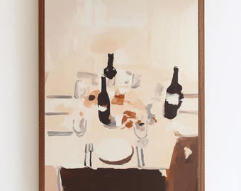 Abstract Dinner Table Poster in Beige Neutral Colors | Modern Wine Bar Wall Art