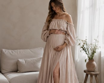 Abito premaman boho / Completo per servizio fotografico di gravidanza / Abito premaman con scollatura profonda / Completo premaman beige / Accessorio per servizi fotografici