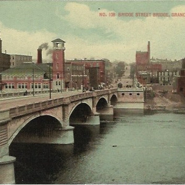 Antique Postcard Bridge Street Bridge Grand Rapids Michigan  - Trolley - Street Scene - 1910s