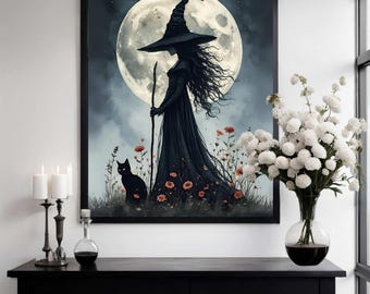 Moonlit Witch and Cat Art Print: Gothic Halloween Decor (Digital Download)