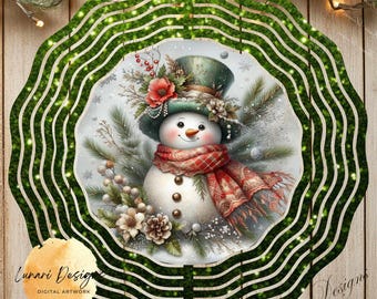Op de afbeelding: Een grillige kerstversiering met een sneeuwpop met een hoge hoed, sjaal en bloemaccenten. De sneeuwpop staat in een groene, golvende, cirkelvormige lijst. De tekst "Lunari Design DIGITAL ARTWORK" is zichtbaar.