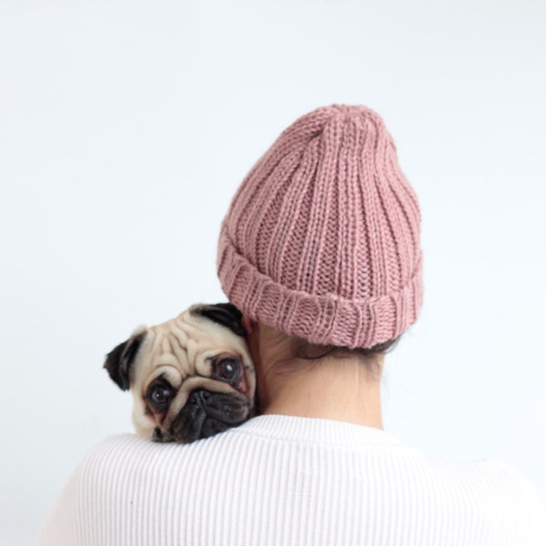 Old Rose Unisex Chunky Beanie Hat hand knitted wool