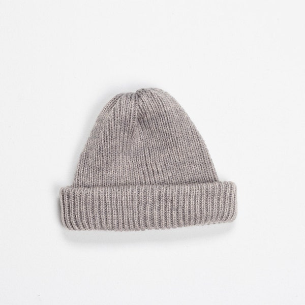 SALE -50% Grey fisherman hat - handmade knitting small beanie - rose and grey wool yarn