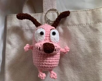 Handmade the Cowardly Dog Crochet Keychain, Amigurumi Bag Charm, Pink Dog Crochet Gift