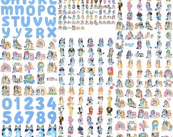 May include: A collection of Bluey character stickers featuring the alphabet in light blue, numbers zero through nine, and numerous illustrations of Bluey, Bingo, and their family in various poses, activities, and colorful settings.