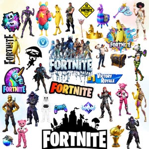 Puede incluir: Una colección de pegatinas de Fortnite con varios personajes, el logotipo del juego, una piñata de llama, un cofre del tesoro, un mando y gráficos de victoria real. El surtido incluye coloridas ilustraciones de figuras y símbolos icónicos.