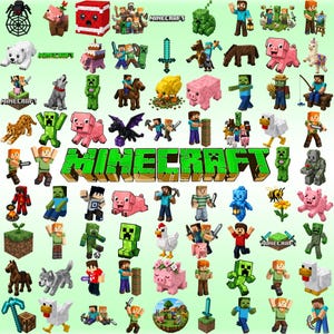 May include: A collection of various Minecraft character stickers, animals, and items including pigs, creepers, Steve, Alex, chickens, horses, and swords, arranged around a large central green and brown Minecraft logo on a light green background.