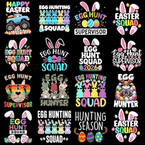 May include: A collection of Easter-themed graphic designs on a black background. The designs include text such as "Happy Easter," "Egg Hunt," and "Easter Squad," along with images of Easter eggs, bunnies, and a monster truck.