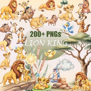 May include: A digital graphic featuring various characters from the Lion King animated film. The image includes lions, warthogs, a meerkat, and other animals in a colorful, cartoon style. Text on the image reads "200+ PNGs Lion King."
