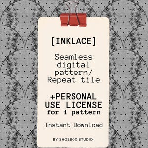 May include: A digital pattern design with a grey and white floral motif. The design is displayed on a cream-coloured paper, held by a red binder clip. Text on the paper reads "[INKLACE] Seamless digital pattern/ Repeat tile +PERSONAL USE LICENSE for 1 pattern Instant Download BY SHOEBOX STUDIO."