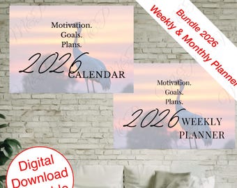 May include: A digital download printable bundle featuring a 2026 calendar and weekly planner. The designs include a serene sunset background with a crane silhouette and the text "Motivation. Goals. Plans."