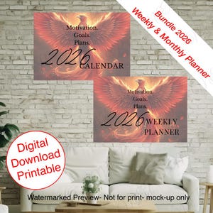 Könnte beinhalten: Ein digitaler Download-Druckbundle mit einem Kalender und Wochenplaner für 2026. Die Designs zeigen eine Phönix-Illustration in Rot- und Orangetönen, mit den Worten "Motivation, Ziele, Pläne" und dem Jahr 2026.