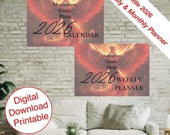 May include: A digital download printable bundle featuring a 2026 calendar and weekly planner. The designs showcase a phoenix illustration in shades of red and orange, with the words "Motivation, Goals, Plans" and the year 2026.