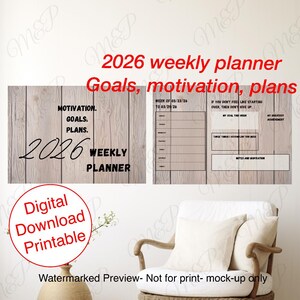 Könnte beinhalten: Ein digitaler, druckbarer Wochenplaner 2026 mit Holzmaserung im Hintergrund. Der Planer enthält Abschnitte für Ziele, Motivation und Pläne. Der Text enthält "Woche vom 23.03.26 bis 29.03.26" und "Wenn du keine Lust hast, von vorne anzufangen, dann gib nicht auf."