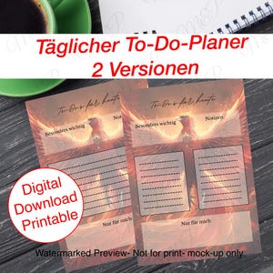 Pode incluir: Duas folhas de planejador diário imprimíveis com um design de fênix em tons de laranja e vermelho. O texto inclui "Digital Download Printable" e "Täglicher To-Do-Planer 2 Versionen". As folhas têm seções para anotações e tarefas importantes.