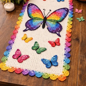 Rainbow Butterfly Crochet Table Runner – Boho Spring Table Decor, Mercerized Cotton