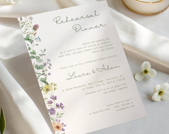 Ensayo de boda floral, Jardín la noche anterior, Cena de boda con flores silvestres, Invitación floral a doble cara, Plantilla editable de Canva