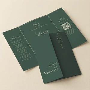 May include: A dark green tri-fold wedding invitation suite featuring white serif typography. The front displays the names Alice and Michael with the date June 15 2029. The interior includes details, a monogram, and an RSVP section with a QR code.