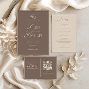May include: A set of three wedding stationery cards in brown and cream. The main invitation features the names Alice and Michael, date, and location. A smaller details card provides reception and hotel information. An RSVP card includes a QR code.