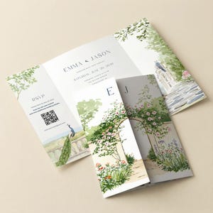 May include: A tri-fold wedding invitation featuring watercolor illustrations of a peacock, stone archways, and floral gardens. The text reads Emma & Jason, Saturday, June 20, 2030, and includes an RSVP section with a QR code for additional wedding details.