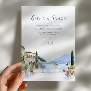 May include: A wedding invitation card featuring dark blue text that reads Emma & Jason, together with their families, Saturday, June 15, 2029, ceremony starts at 4 pm, The Willow Garden, Charleston, SC, and reception to follow above a watercolor illustration.