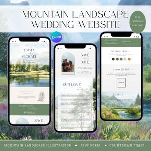 May include: Three smartphone screens displaying a mountain landscape wedding website template. The interface features watercolor illustrations of mountains, rivers, and fields, with text including "Emma and Michael," "Save the Date," and "Our Love Story."