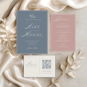 May include: A wedding invitation suite featuring a slate blue main card with white text, a dusty rose details card, and a cream RSVP card with a QR code. The text includes names Alice and Michael, event details, and a website address.