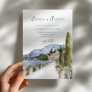 May include: A wedding invitation card featuring the text Emma & Jason, Together with their families, Saturday, June 15, 2029, Ceremony starts at 4 PM, The Willow Garden, Charleston, SC, and Reception to follow, with a watercolor landscape illustration.