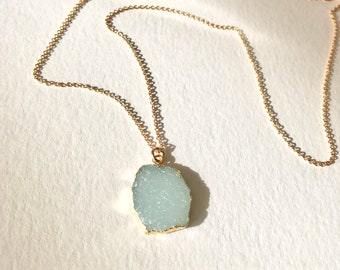 Aqua Druzy Pendant Necklace Gold, One of a kind Necklace, Raw Gemstone Necklace, Gift For Her