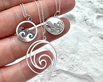 Sterling Silver Wave Pendant Necklace, Wave Necklace, beach jewelry gift, Surfer Jewelry, Boho Jewelry